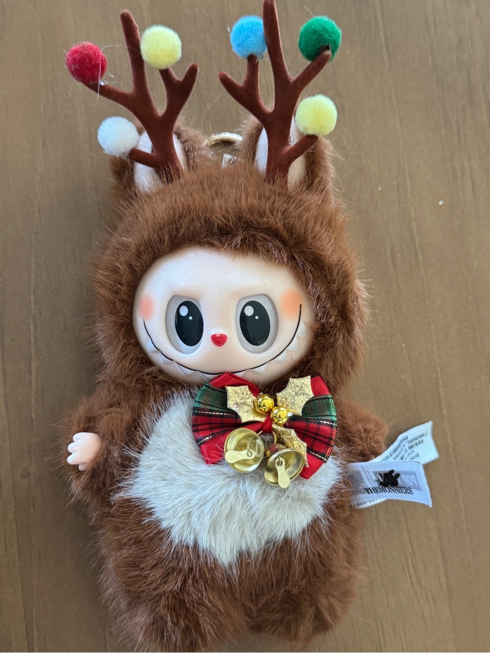 Cute Reindeer Plush Keychain with Bells and Plaid Bow